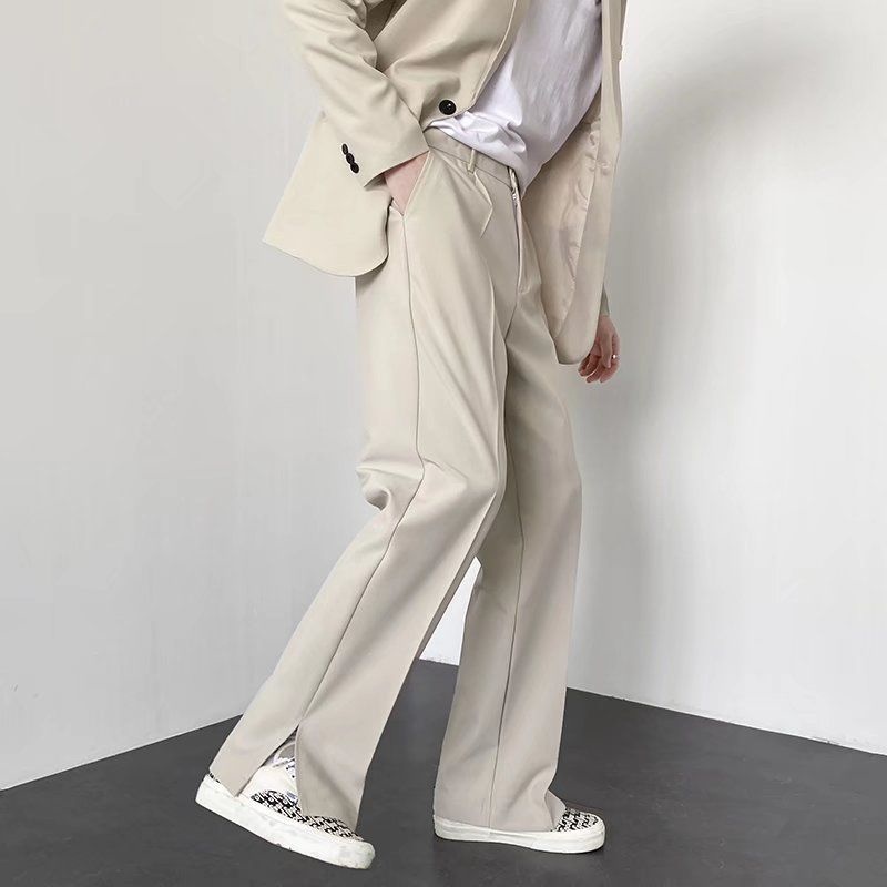 Pantalones de traje gris caqui y negro para hombre, pantalones de vestir para hombre de la sociedad de la moda, pantalones de pierna ancha rectos sueltos coreanos, pantalones formales para hombre