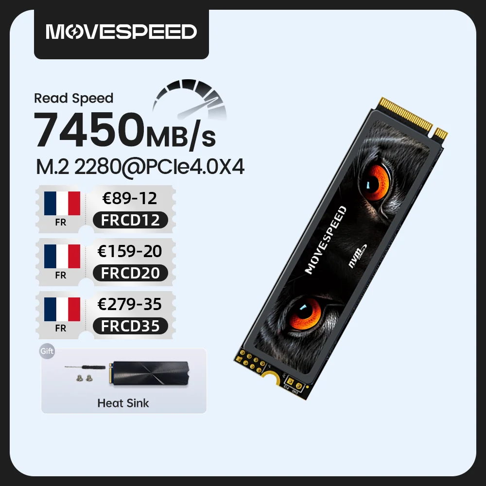 MOVESPEED 7450 mo/s SSD NVMe M.2 2280 4 to 2 to 1 to disque dur interne à semi-conducteurs M2 PCIe 4.0x4 2280 disque SSD pour PS5 ordinateur portable