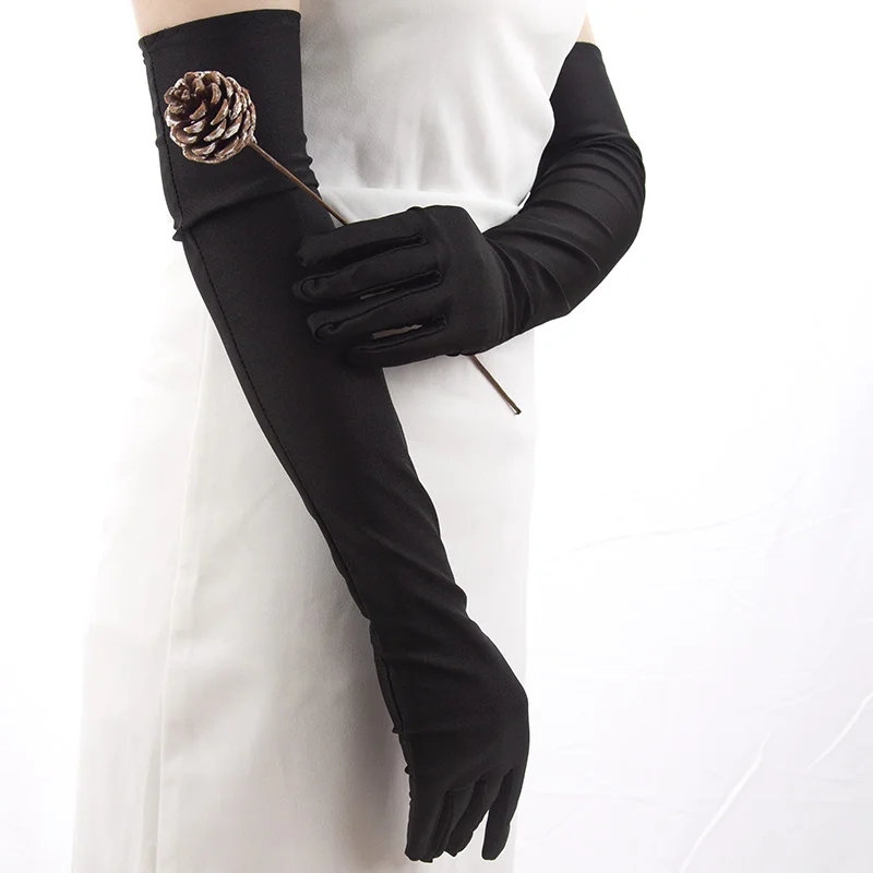 Classique femmes adulte noir blanc rouge gris opéra/coude extensible Satin doigt longs gants femmes clapet gants correspondant Costume