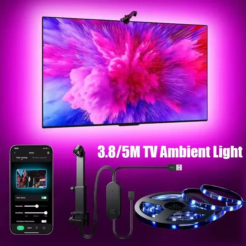 Ambilight-Kit de Tv, tira de luces Led inteligente con cámara para sincronización de Tv, sincronización de retroiluminación de Tv a pantalla, 5V, Usb, 5M, 3,8 M, Control por aplicación