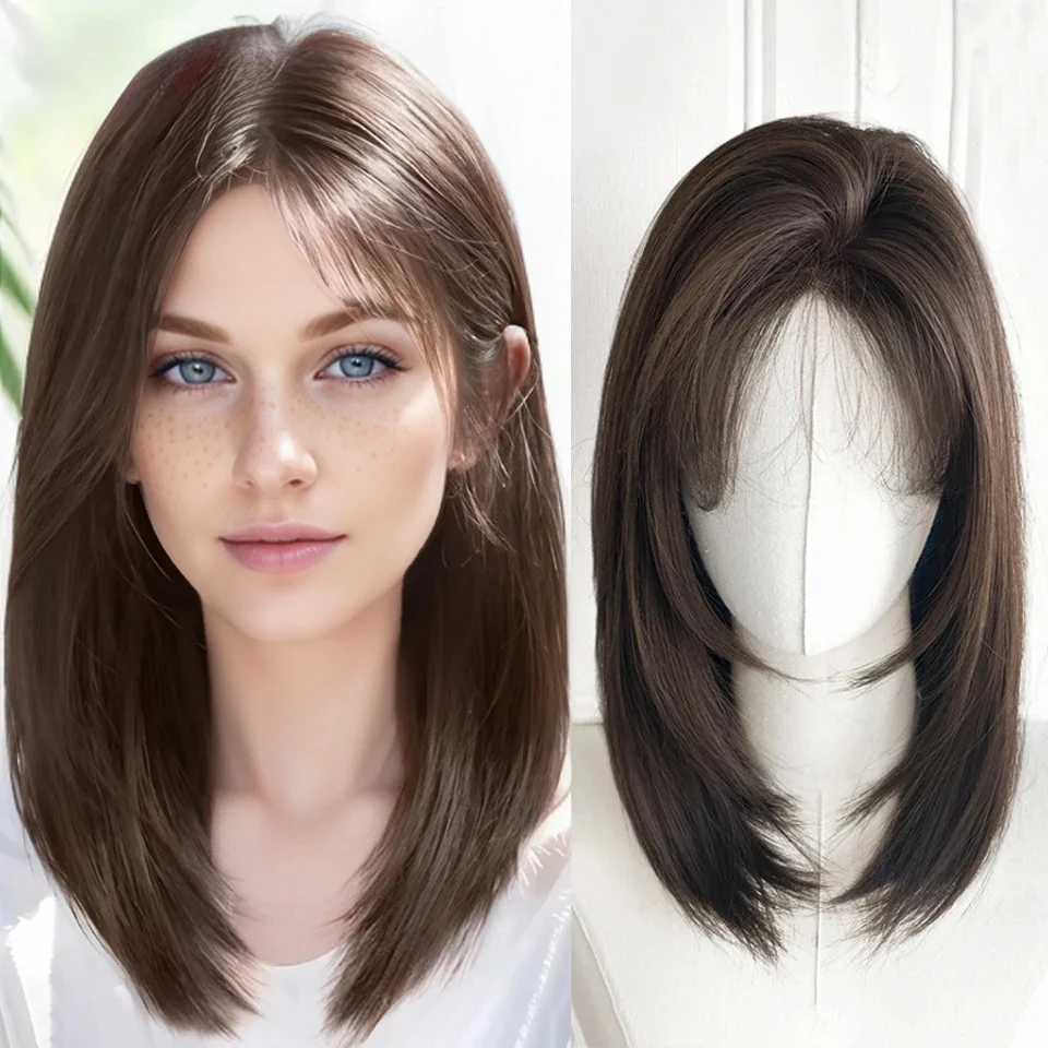 Schultergeschichtete synthetische Perücke für Frauen, täglicher Gebrauch, 40,6 cm, hitzebeständige BOB-Perücke mit Spitzenfront, braun, schwarz, Lolita-Cosplay-Perücken