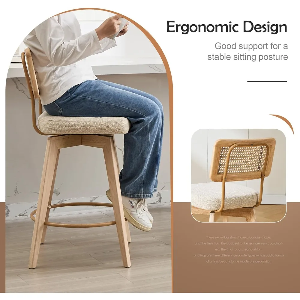 26” Natural Rattan Bar Stools, Swivel Solid Wood Counter Stool Set of 2, Upholstered Armless Bar Chairs with Wooden Legs for Kit