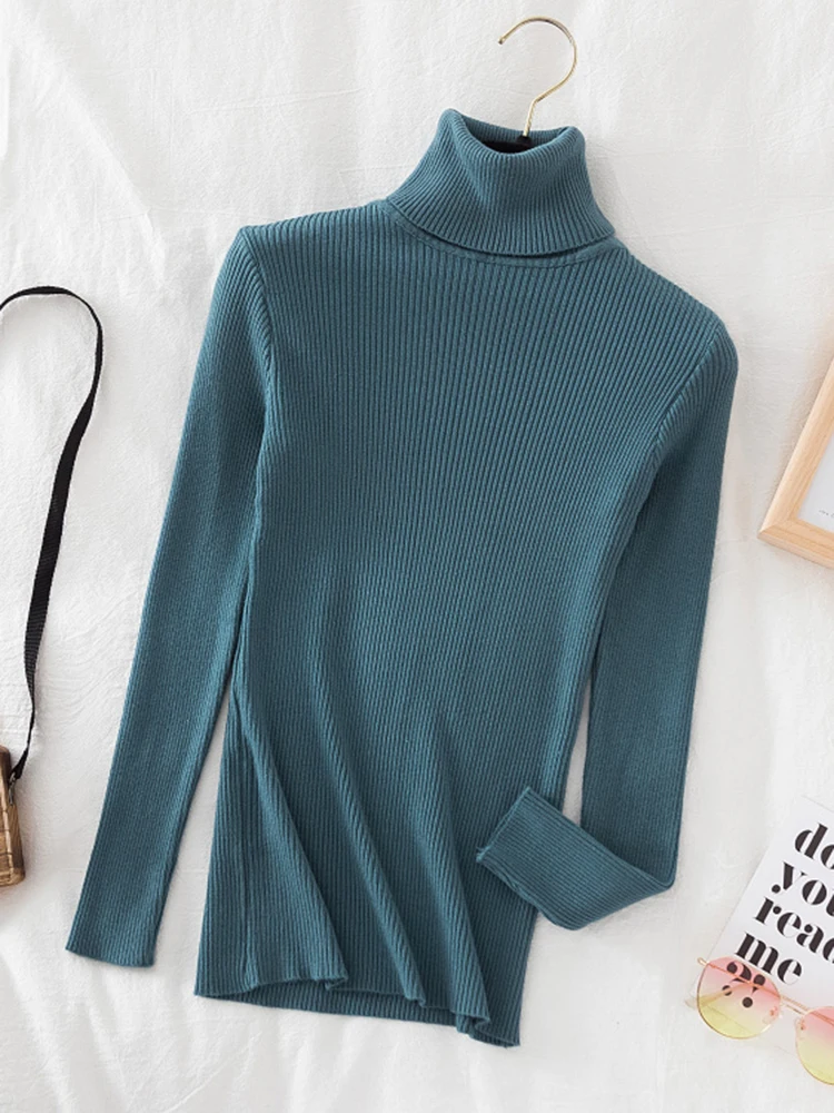 Moda coreana cuello alto mujer Otoño Invierno suéter básico sólido Casual ajustado elástico acanalado tejido Top mujer suéteres