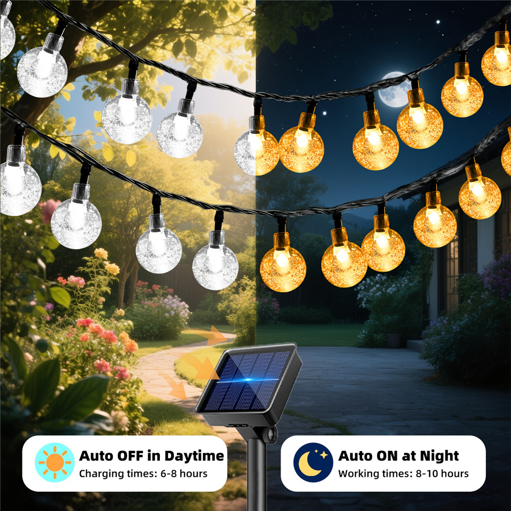 Solar String Light Outdoor Crystal Globe Lights with 8 Modes Waterproof Solar Powered Patio Light for Garden Christmas Halloween