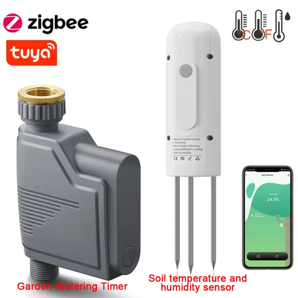 Tuya ZigBee ตัวควบคุมวาล์วน้ำอัจฉริยะสปริงเกอร์ระบบน้ำหยดและ Tuya ZigBee ความชื้นในดินและเซ็นเซอร์อุณหภูมิ