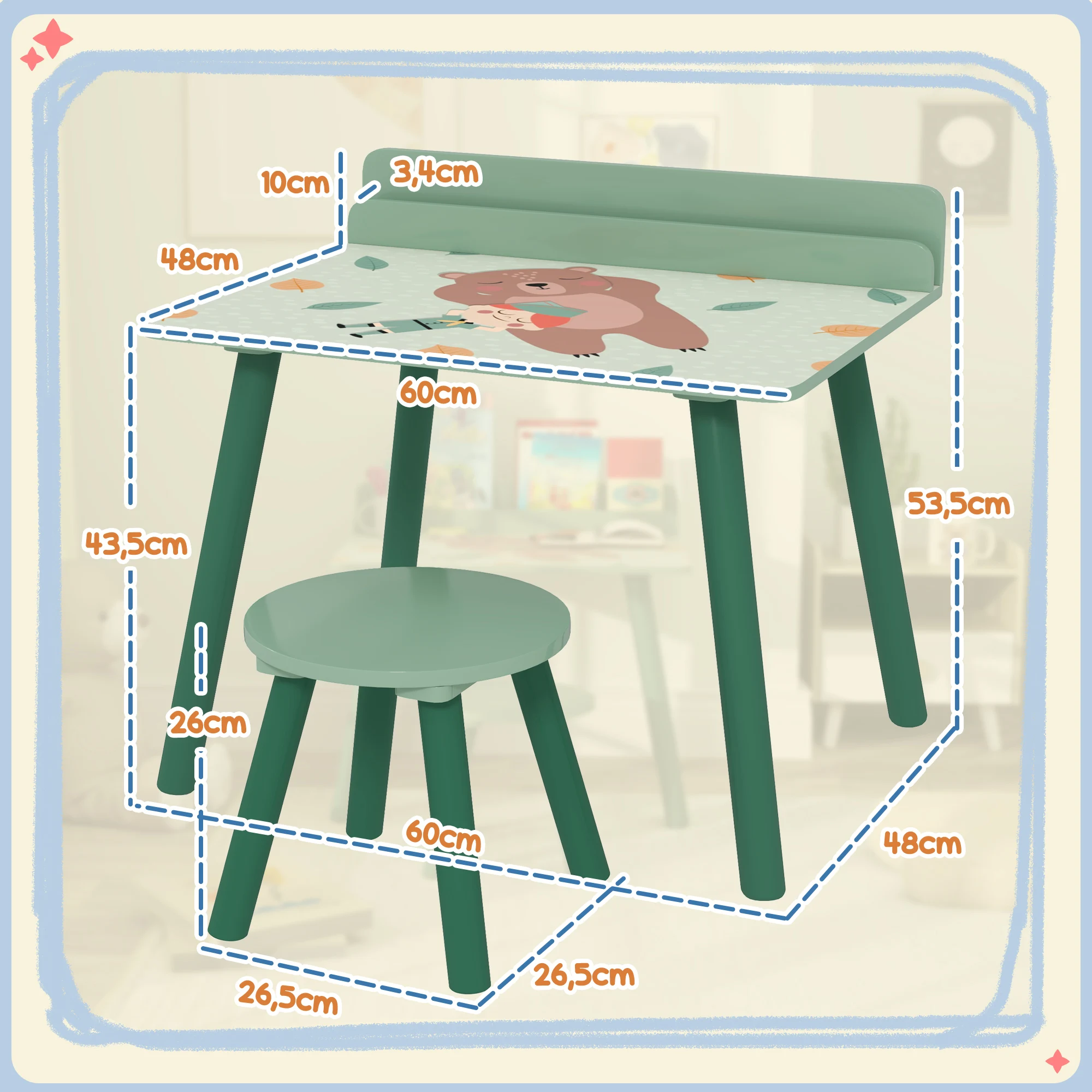 Tavolo e sedia per bambini Aiyaplay in 2 pezzi con libreria verde