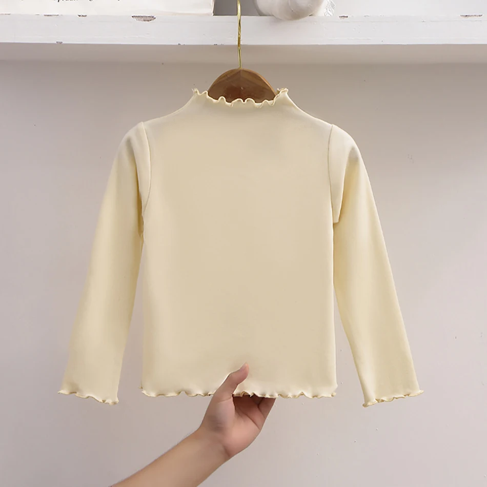 ฤดูใบไม้ร่วง-ฤดูหนาวหญิงแขนยาวสีทึบเสื้อยืด Ruffle COLLAR หญิงแฟชั่นสบายสวมใส่ทุกวันเสื้อยืด