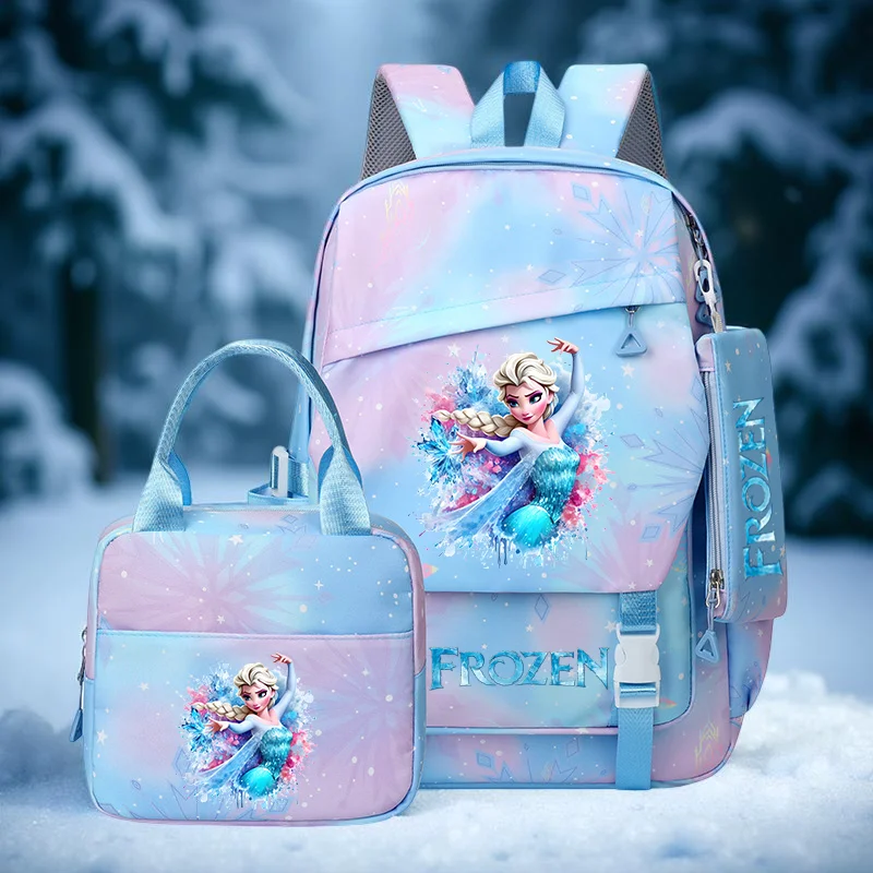 3Pcs Frozen Elsa Backpack Set, Girls School Bag with Lunch Tote & Pencil Case, Durable Nylon Bookbag for Back to School