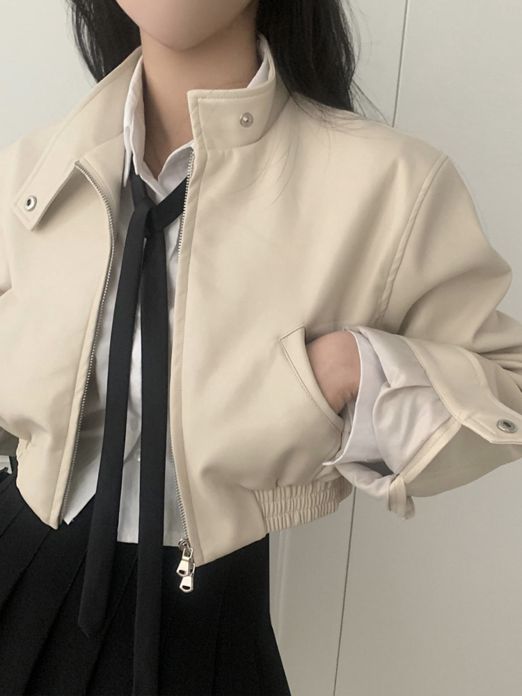 ブラック Pu レザージャケット女性のショートスタイル香港スタイルデザイン春の新アウターシャツウエストシンチジッパースリーブ