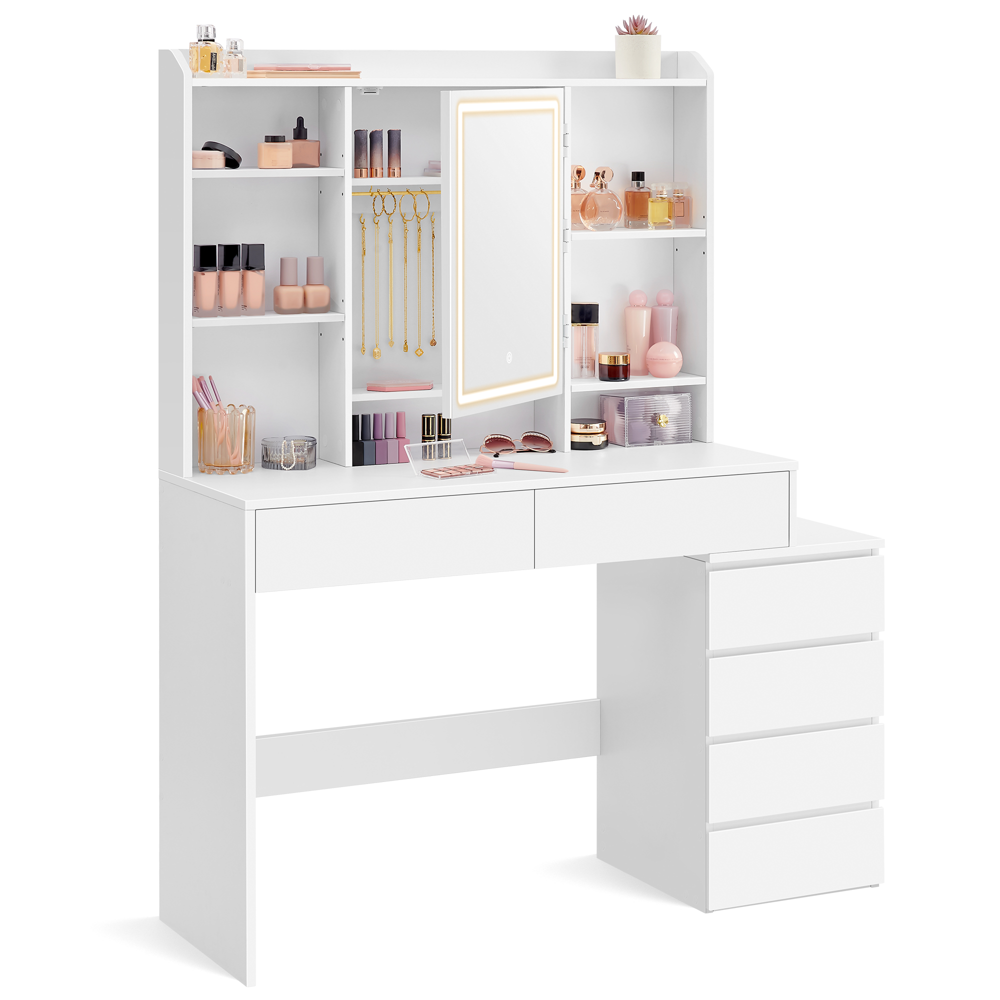 VASAGLE Makeup Vanity: Adjustable LED Lights, Mirror, Open Compartments, Shelves, Makeup Station in Cloud White