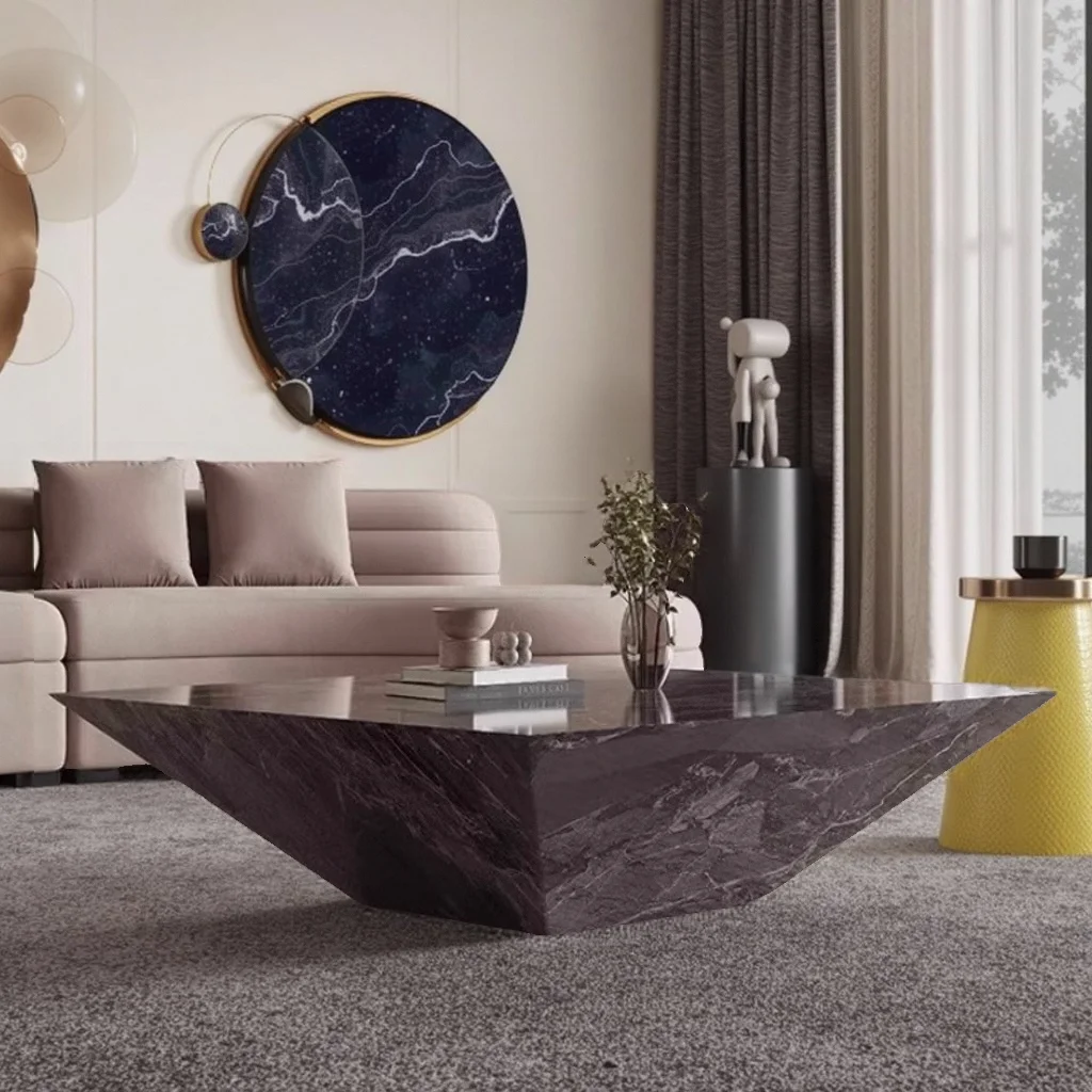 "Conjunto de mesa de centro de mármore de luxo italiano - mesas laterais de pedra marrom veneziana, móveis elegantes para sala de estar"