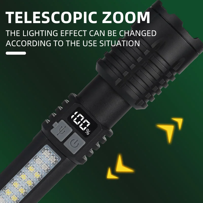 High Strong Power LED ไฟฉายยุทธวิธีสปอตไลท์ฉุกเฉิน Telescopic Zoom แบตเตอรี่ในตัว USB ชาร์จ Camping ไฟฉาย