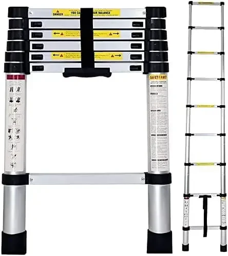 Escalera Telescópica de Aluminio Extensible y Plegable |   Compacta, Ligera, Portátil y Antideslizante |   Ideal para Uso Doméstico,
