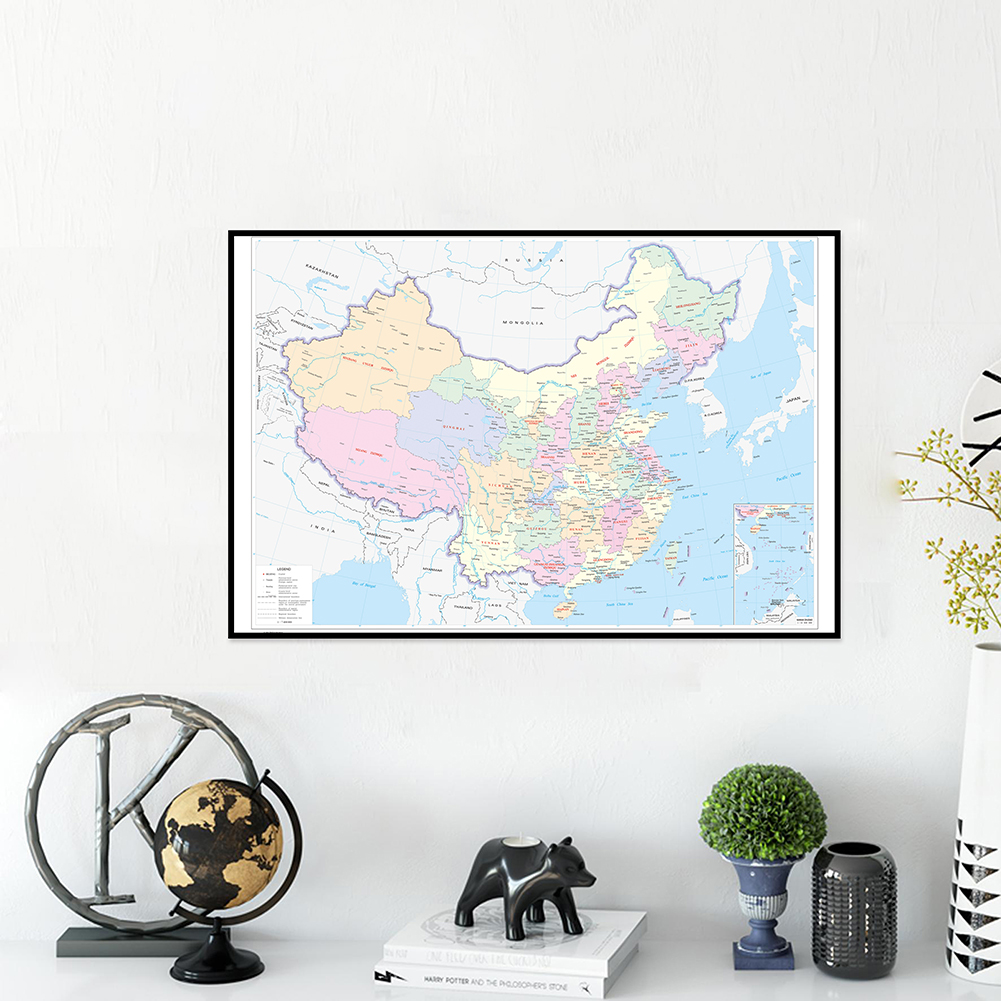 La mappa cinese con paesi vicini Decorazione da appendere su tela Versione orizzontale in inglese Forniture per lo studio 594 * 420 mm