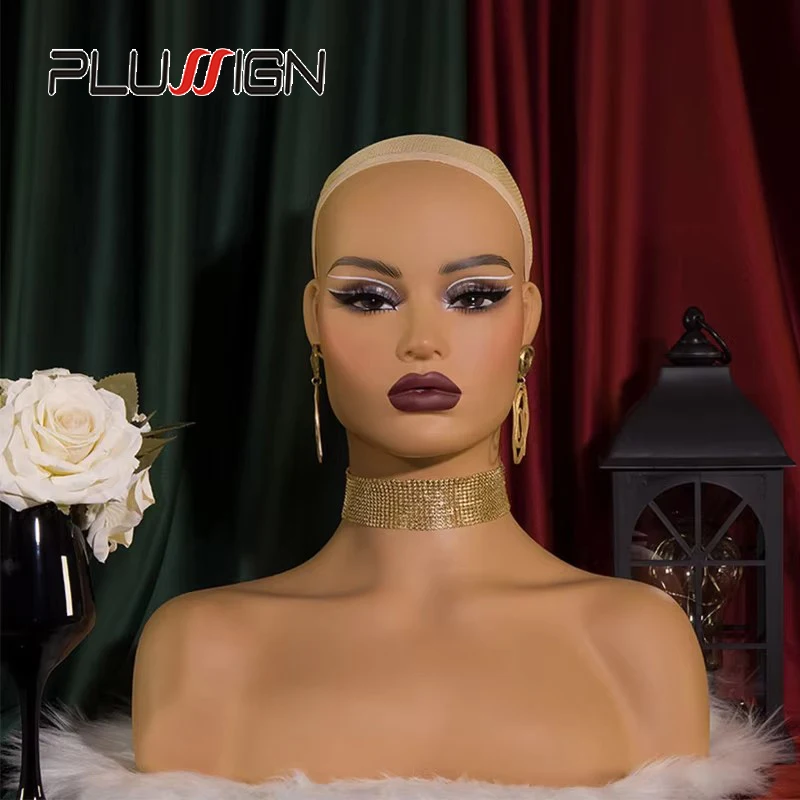 Cabeza de exhibición de pelucas de cara cuadrada, cabeza de maniquí realista con hombros, cabeza llena de espuma de Pvc con sombra de ojos, orificios para las orejas, pestañas
