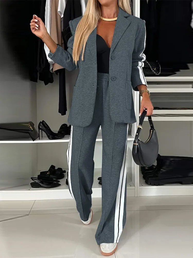 Conjunto de 2 peças de blazer com bolsos para mulheres, calças retalhos, roupas femininas, jaqueta combinando, ternos de escritório, primavera e outono