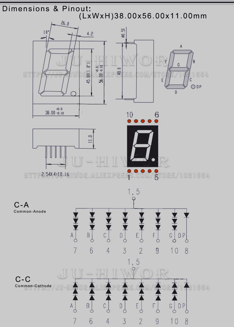 10 Stück 1,8 Zoll 10 Pins 1 Ziffern Bit 7 Segment Jade grüne LED-Digitalanzeige Digitron 18101AGG 18101BGG Gemeinsame Anode Kathode C-C