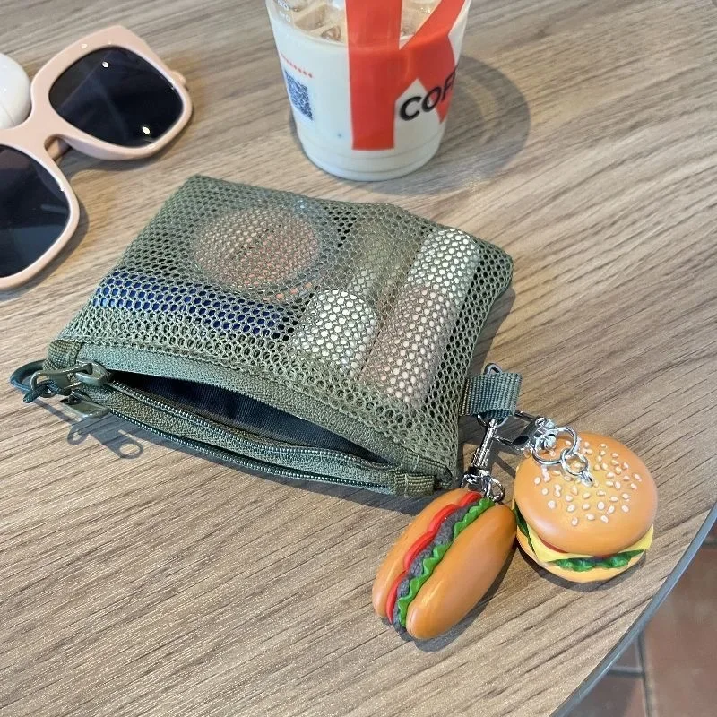 Cartera corta portátil, nueva malla, monedero con cremallera de doble capa, tarjetero cuadrado de nailon, bolsa organizadora de maquillaje