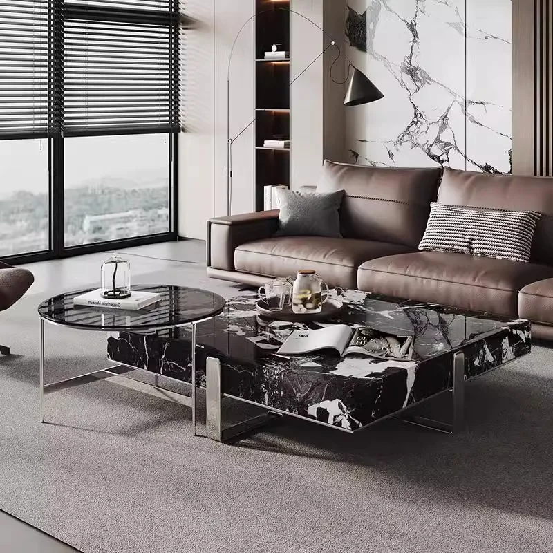 Mesa de centro quadrada minimalista italiana, tampo de pedra branca preta, resistente ao calor e fácil de limpar, conjunto de design compacto e resistente