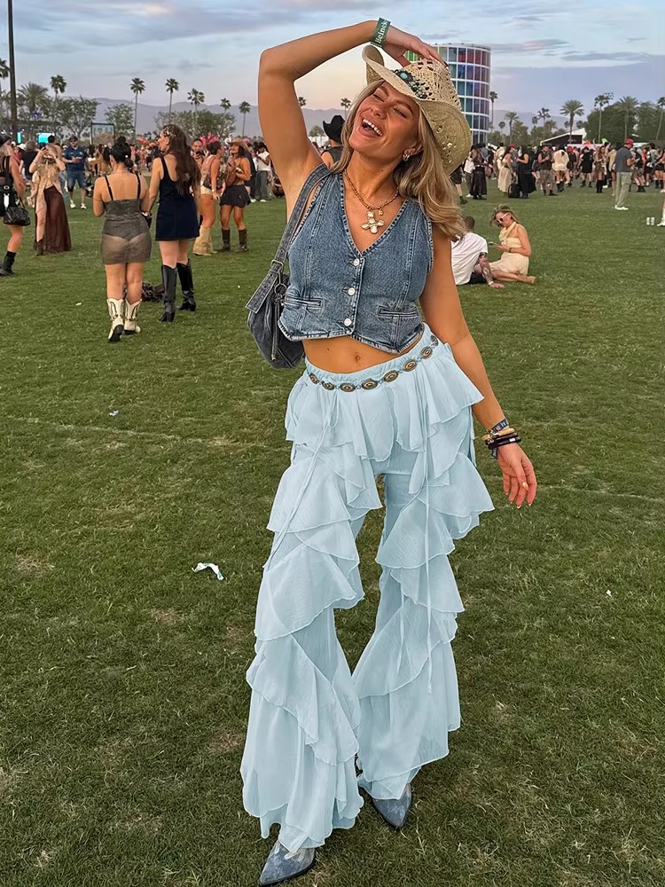 Raar Puss onregelmatige gelaagde flare broek dames Y2K patchwork doorzichtige zomer hipster wilde basic straat trend klassieke broek