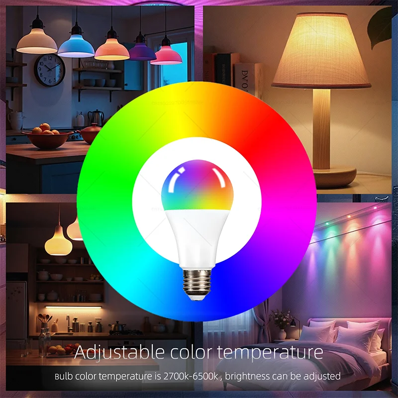 Żarówka LED Tuya Smart E27, Bluetooth RGB+CW+WW z timerem i sterowaniem grupowym, AC 86-256V 15W do oświetlenia wnętrz w sypialni