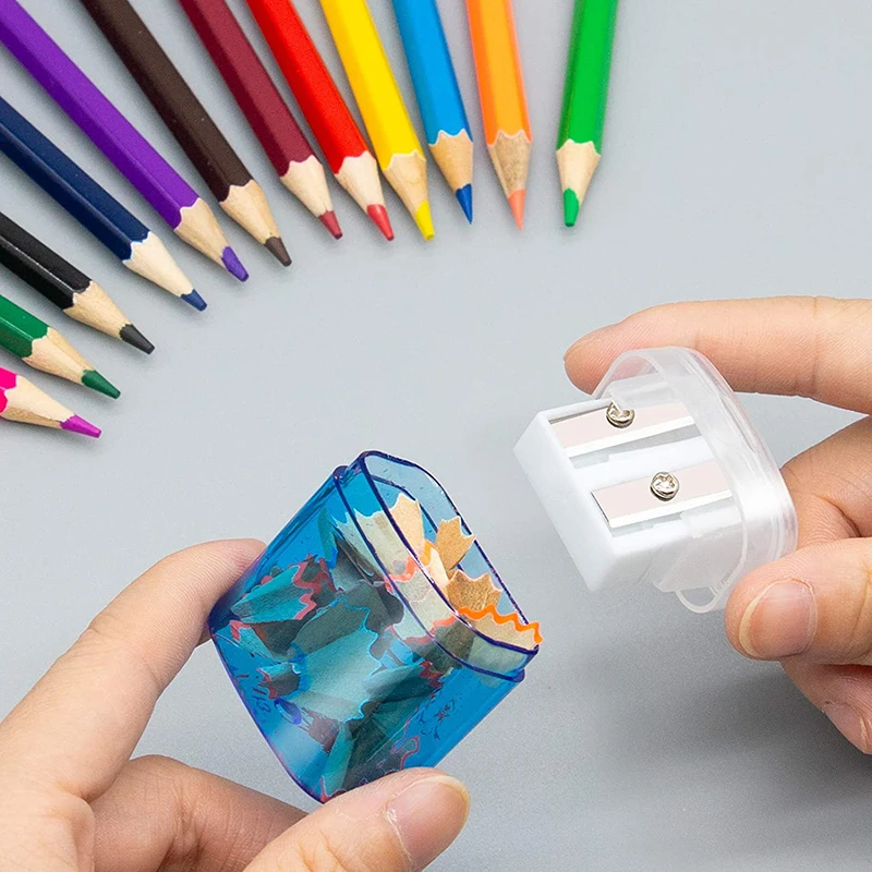 12pcs/box Manual Pencil Sharpener Small Colored Handheld Dual Hole Pencil Sharpeners with Lid 4 Color For Kids School Supplies