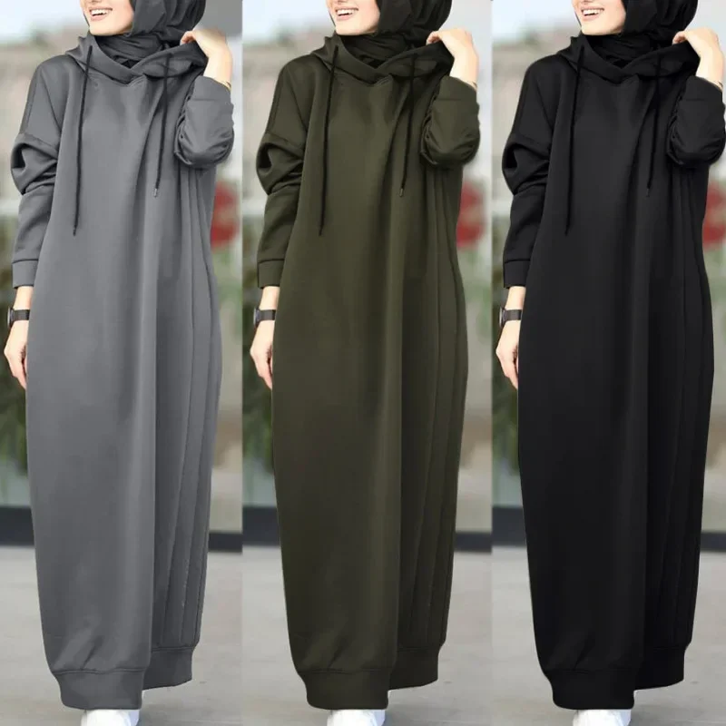Sudadera con capucha musulmana para mujer, vestido holgado informal de manga larga de Color sólido, vestido Maxi Abaya Ghirba, sudadera larga, Vestidos