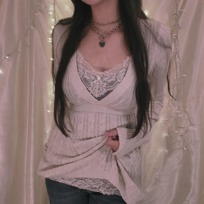 Fairycore Y2K Grunge Vintage Strickpullover Schicke Damen 90er Jahre Vintage V-Ausschnitt Pullover Ästhetik Retro Süße Pullover Strickwaren