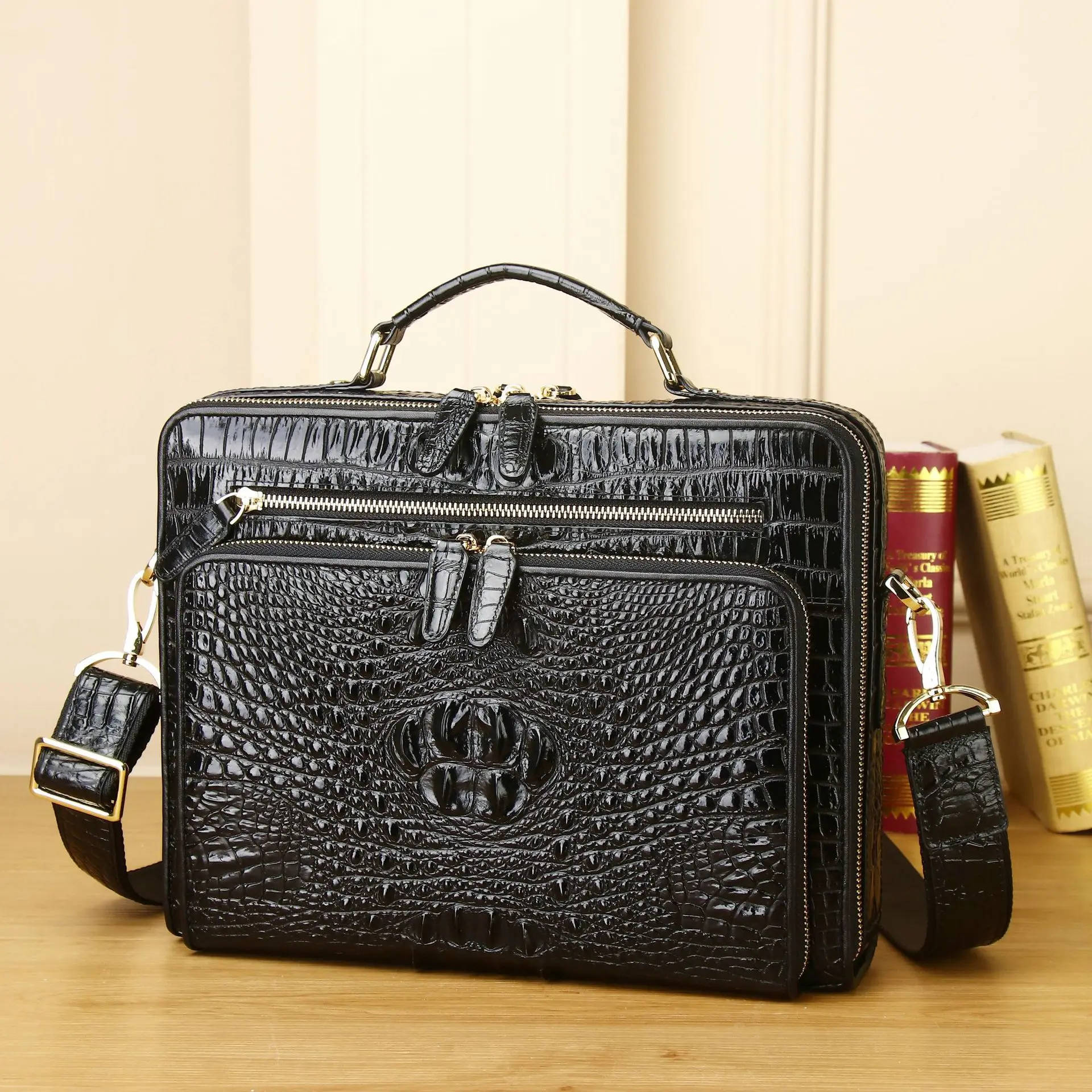 Nuevo maletín de negocios de cuero genuino de vaca con diseño de cocodrilo de lujo para hombre, bolso de hombro para hombre, bolso mensajero para ordenador portátil
