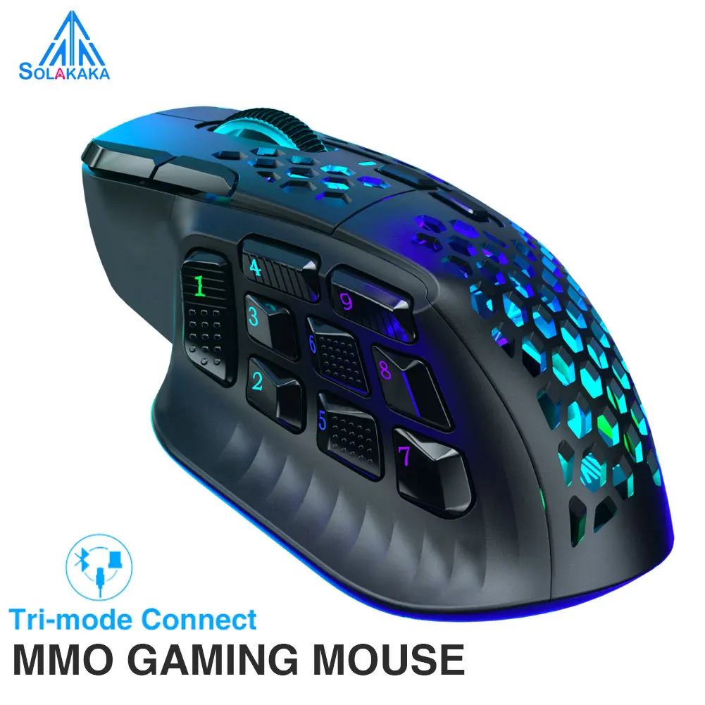 SOLAKAKA SM809 Pro Беспроводная игровая мышь MMO PAW3311 16 боковых кнопок 24000 точек на дюйм RGB сотовая программируемая беспроводная мышь для макросов