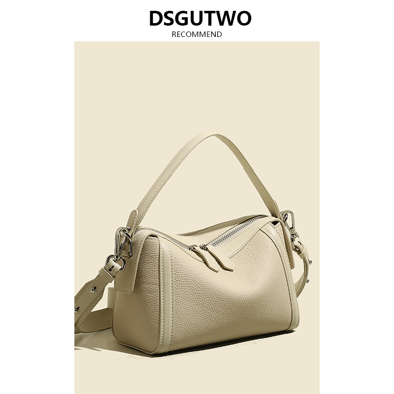 DSGUTWO トップレイヤー牛革ボストン枕バッグレディースファッション秋冬本革ハイエンド感小さなニッチ