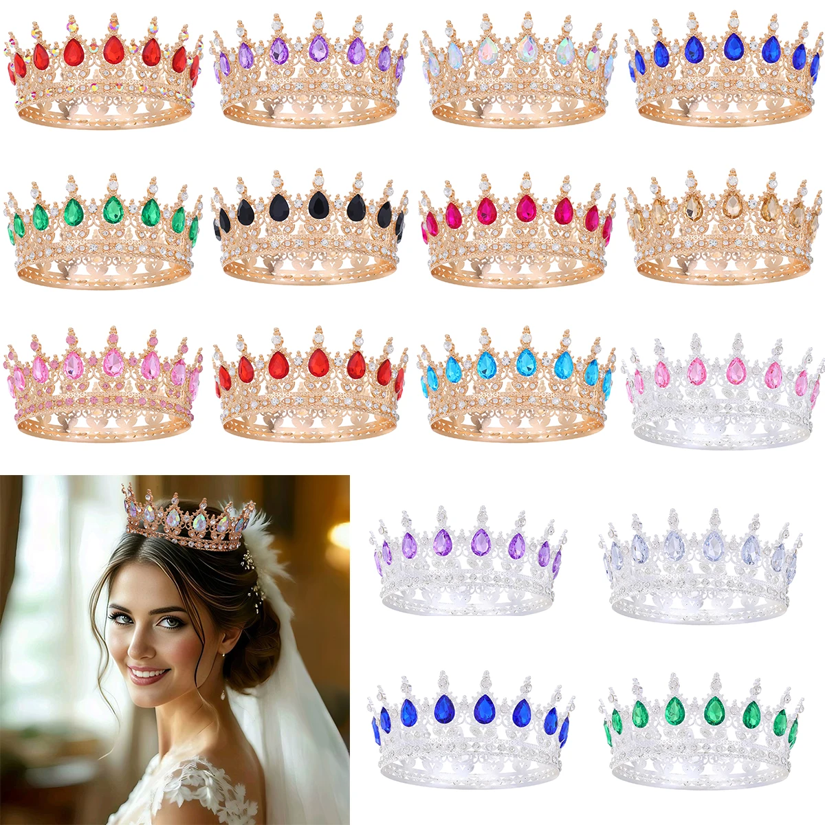 แฟชั่นคริสตัล Rhinestone รอบ Tiaras และ Crowns สําหรับเจ้าสาวผู้หญิง Queen Princess มงกุฎสาวงานแต่งงานอุปกรณ์เสริมผม