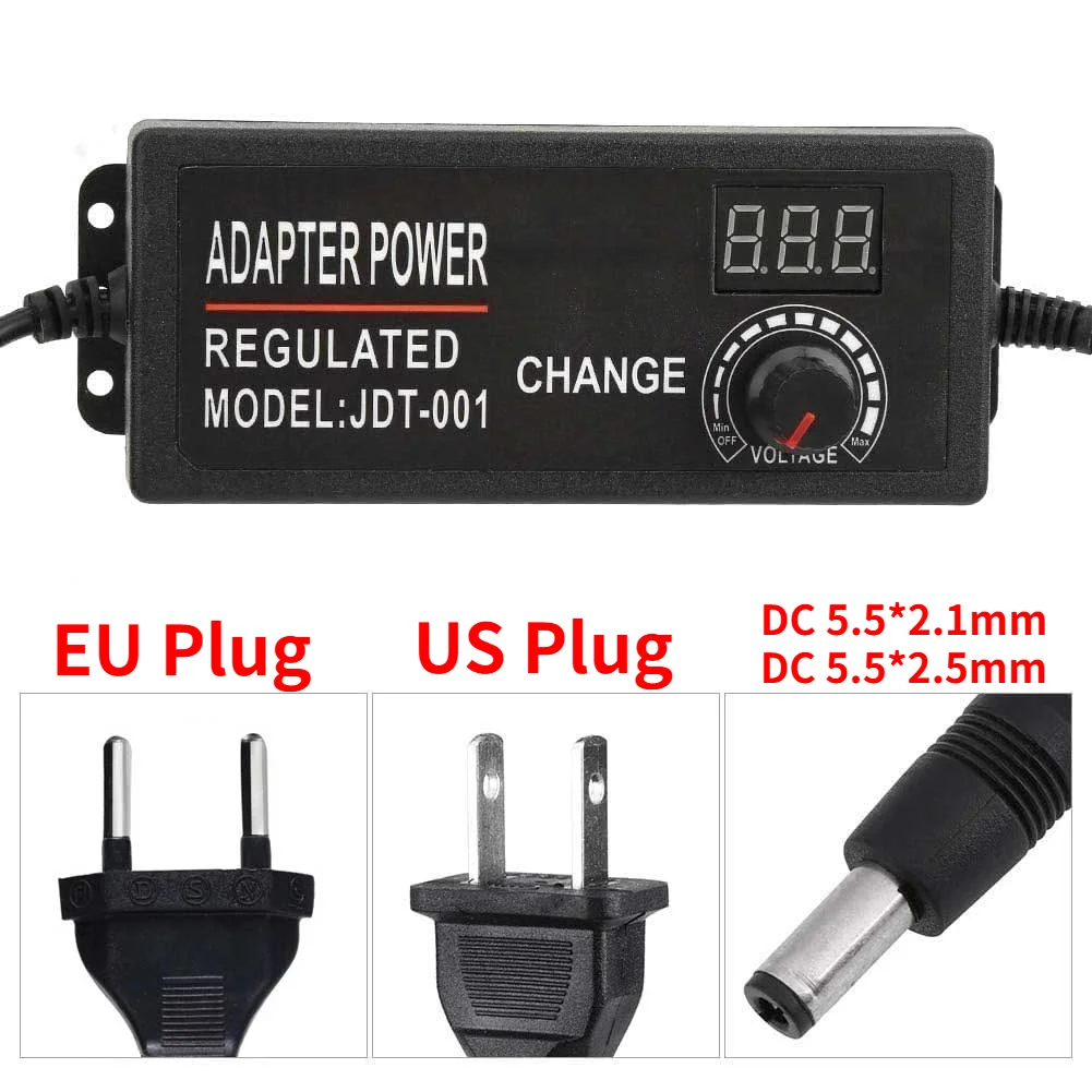 Adattatore regolabile da 3 V a 12 V 5 A o 3 V a 24 V 2 A Schermo di visualizzazione dell'alimentatore Manopola regolata Ingresso CC 5,5 * 2,5 mm US EU 100-240 V CA