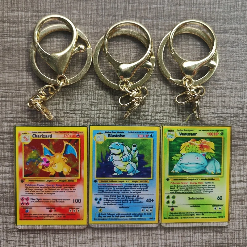 Pokemon Anime Small Card Key Chain Charizard Keychains Blastoise Venusaur Mewtwo Diy Acrylic Action Toy Figures Game Collection