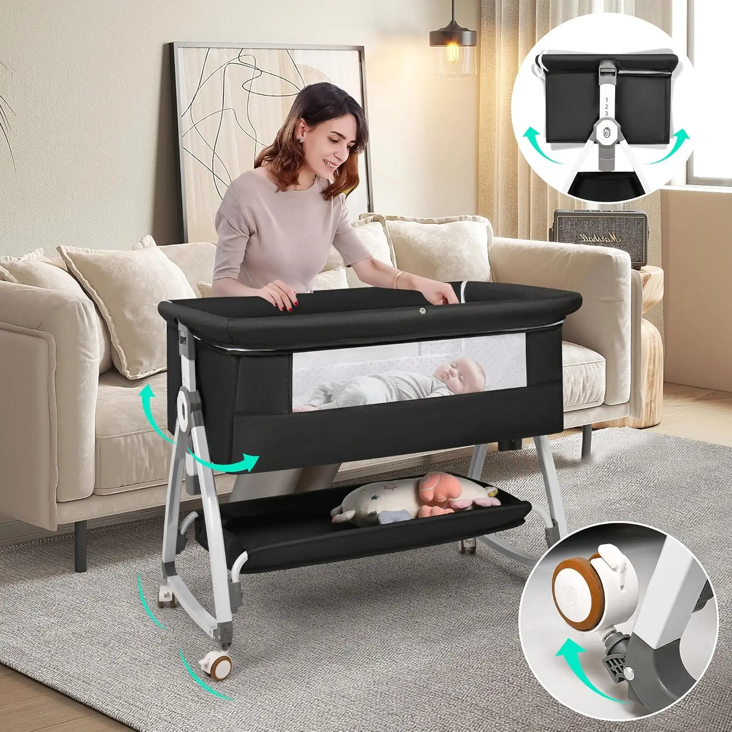 Baby Bassinet Bedside Sleeper, 3 in 1 Rocking Bassinet for Baby, Bassinet Bedside Sleeper with Wheels, Adjustable Height, S