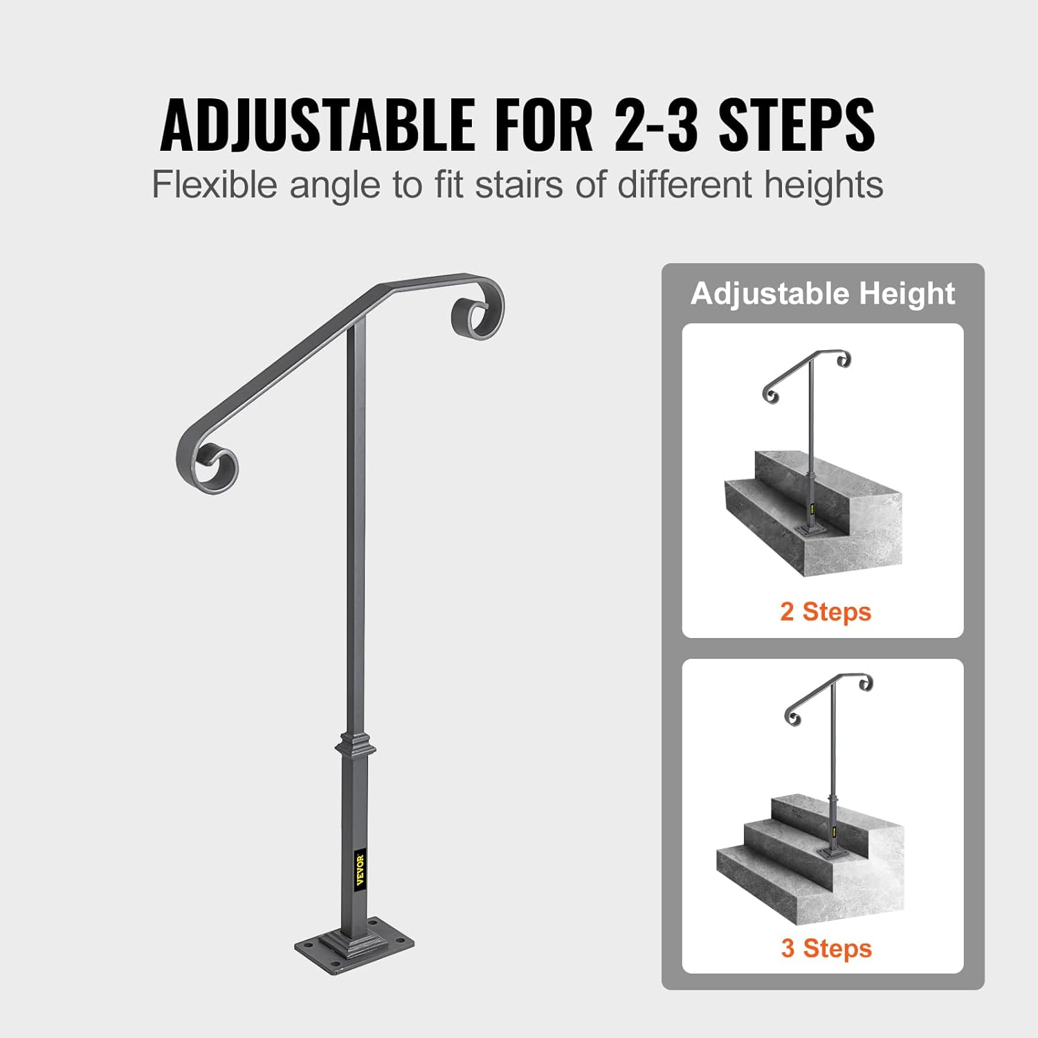 Handrails for Outdoor Steps, Fit 1 or 2 Steps Outdoor Stair Railing, Single Post Wrought Iron Handrail