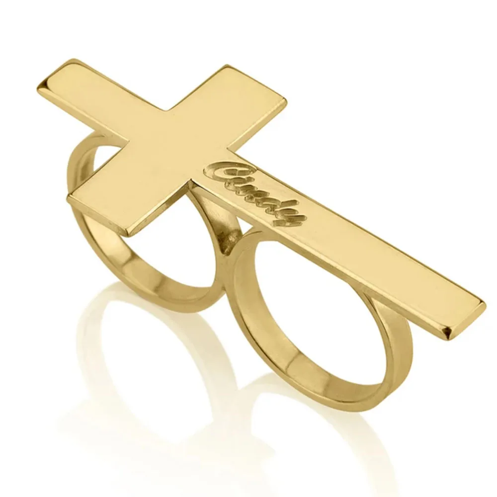 CUSTOM CROSS แหวนแกะสลักชื่อแหวนผู้ชายสแตนเลสสองนิ้วแหวน Knuckle เครื่องประดับผู้หญิงส่วนบุคคลของขวัญสําหรับแฟน