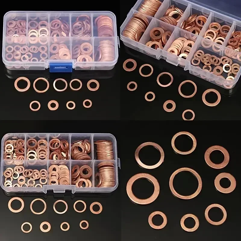 100 piezas de arandelas, arandelas, tuercas y pernos de cobre, con caja M4/M5/M6/M8/M10/M12/M14 Kit de combinación de sellos para tapones de cárter de aceite