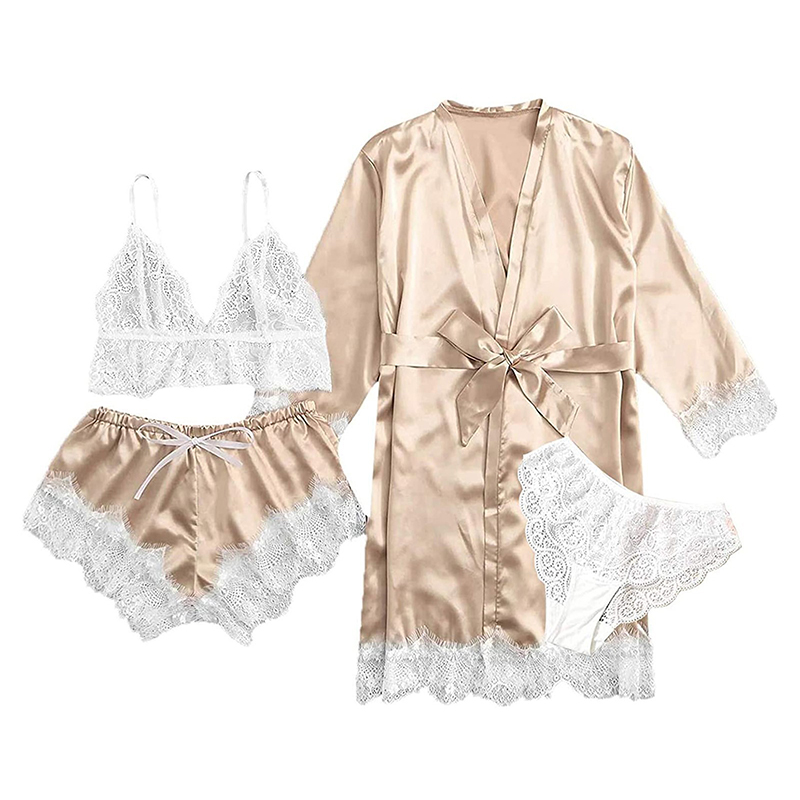 Conjunto de calças de pijama sexy de verão feminino 4 peças de cetim de renda com seda pijamas robe moda e roupa de dormir confortável
