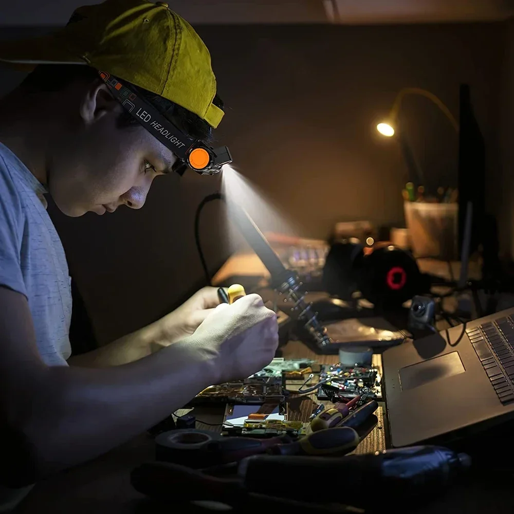 Linterna frontal LED COB recargable por USB, linterna frontal con batería integrada y fuerte linterna magnética para cabeza de pesca y acampada al aire libre