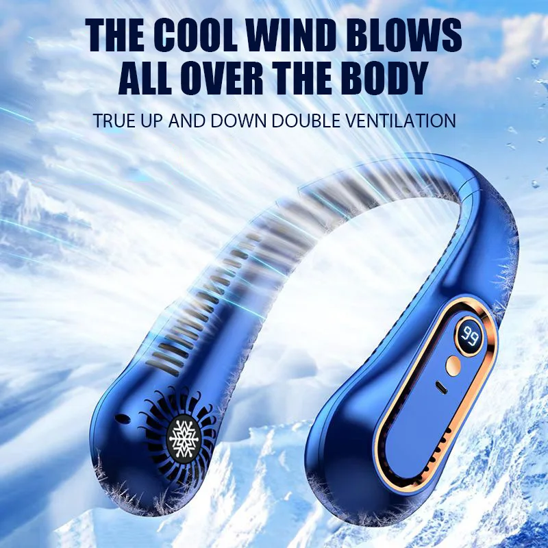 Tragbarer Mini-Hängehalsventilator mit digitaler Anzeige, Leistungsventilator, blattloser Nackenbügelventilator, Luftkühler, wiederaufladbare USB-Elektroventilatoren