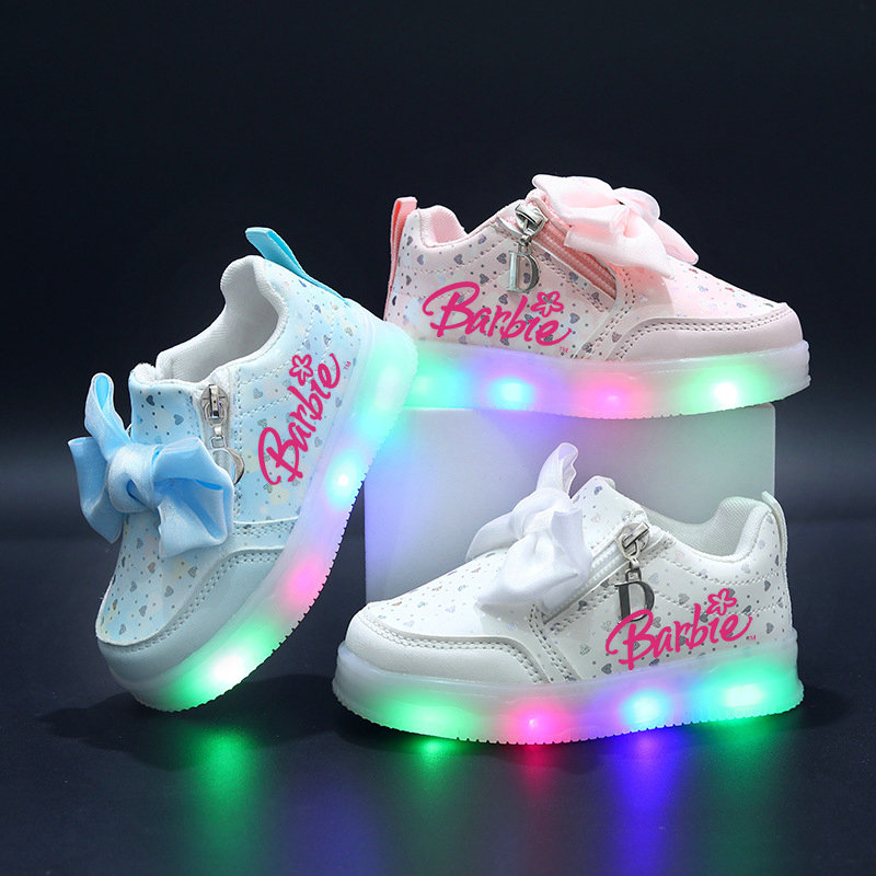 Barbie-zapatillas de deporte con luz nocturna para niña, zapatos deportivos informales con suela suave LED, pajarita a la moda, zapatos para caminar con luces