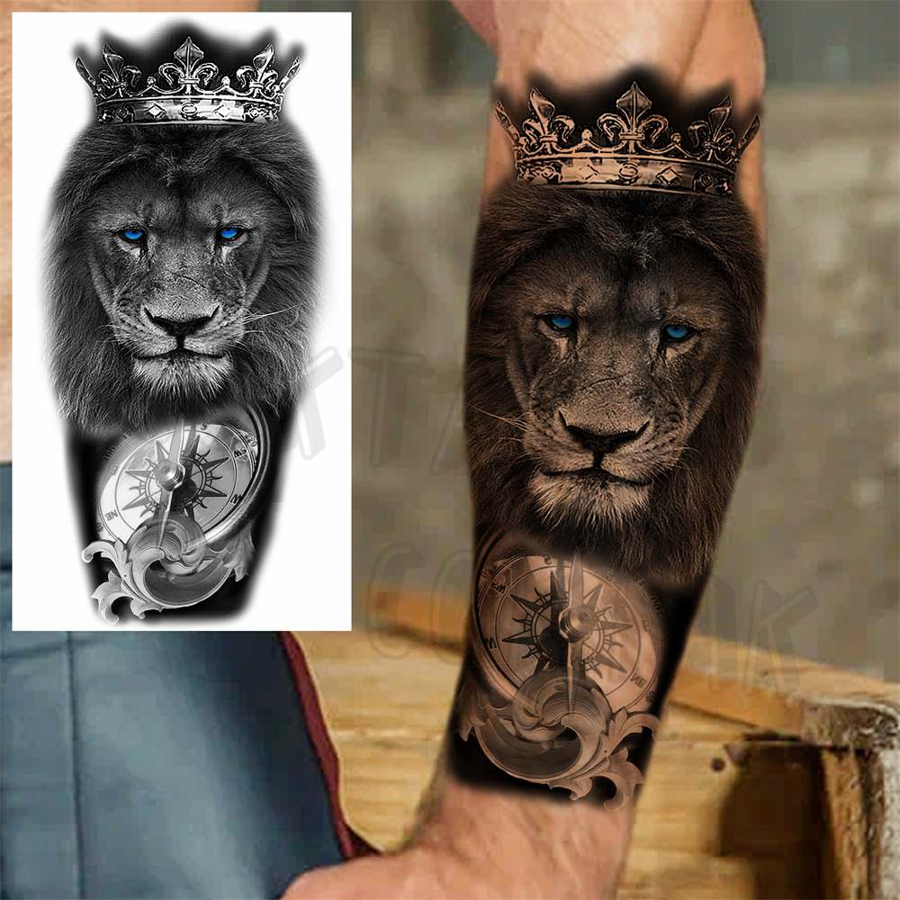 リアルなライオンの目アーム一時的な入れ墨女性成人男性ライオンコンパスクラウンクロス偽タトゥー 3D 防水タトゥーステッカー