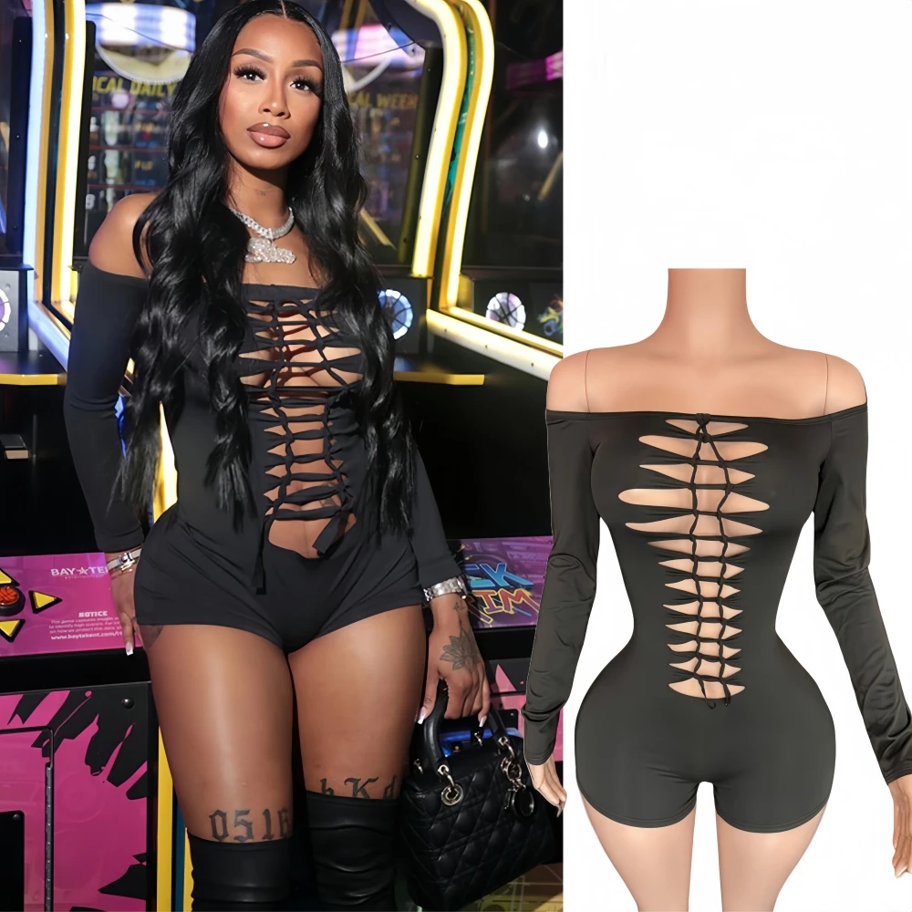 FAGADOER Romper Bodycon Tambal Sulam Balutan Seksi Wanita Jumpsuit Punggung Terbuka Lengan Panjang Bahu Terbuka Wanita Overall Pakaian Jalanan Wanita
