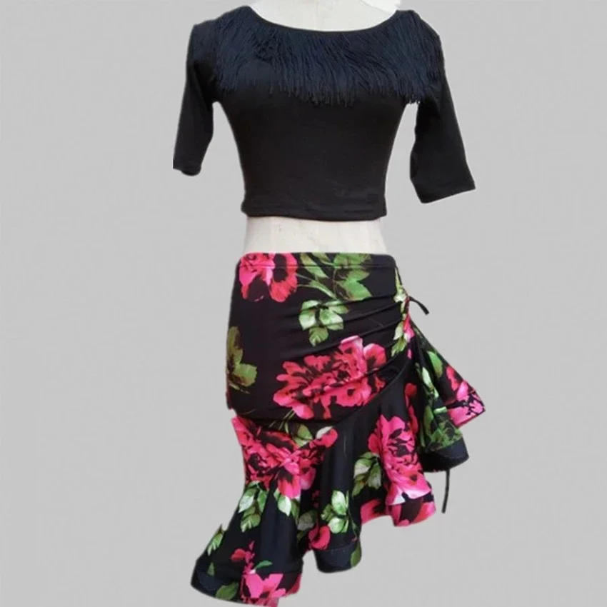 Costumi di danza latina classica da donna con stampa leopardata Gonna asimmetrica con volant a sirena Lady Salsa Chacha Tango Rumba Dress