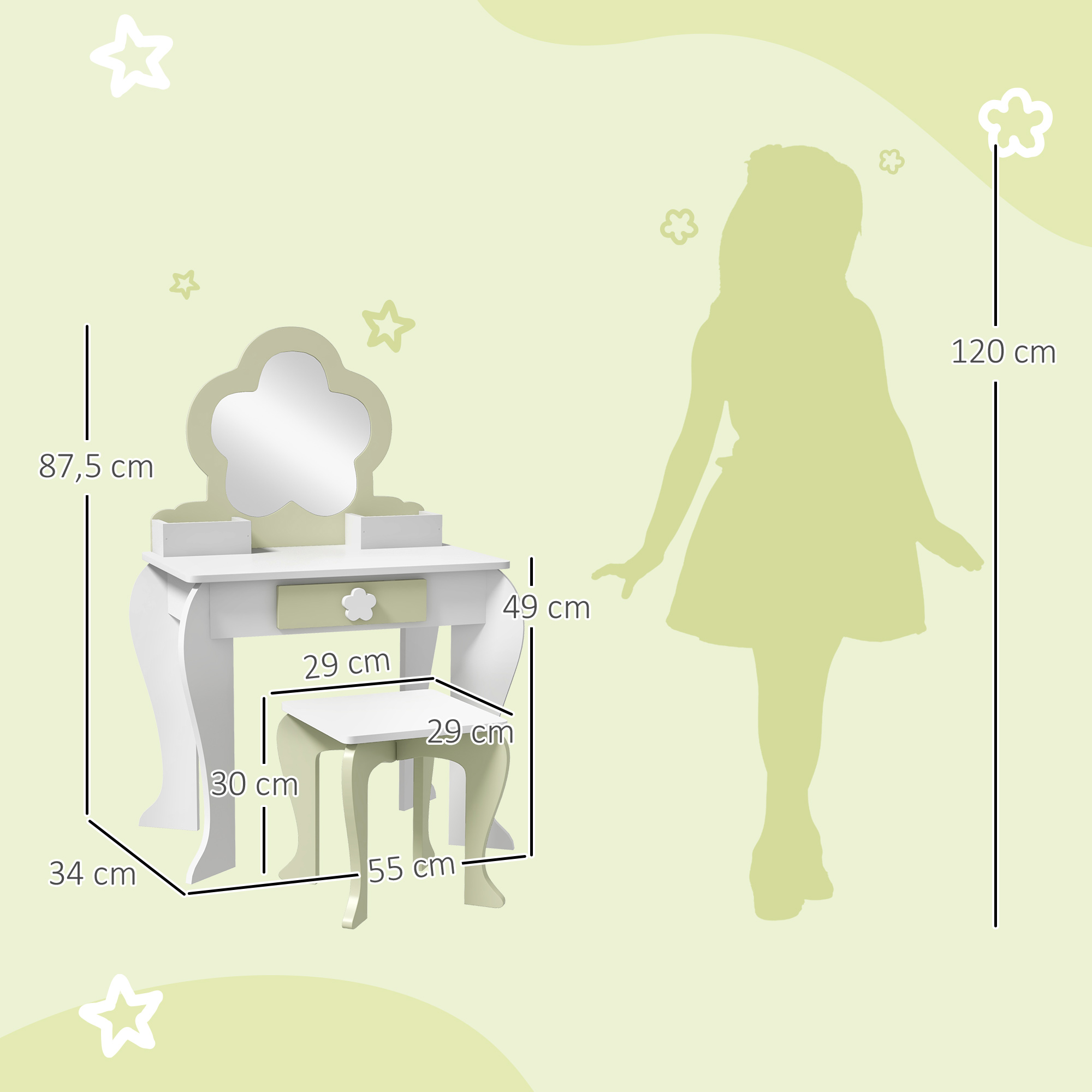 Zonekiz Coiffeuse pour fille avec miroir et tabouret 55X34X87.5 cm Blanc et vert