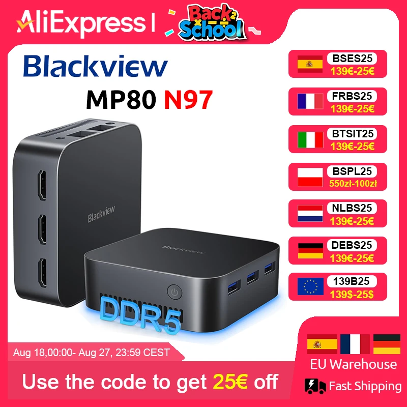 Blackview MP80 Mini PC Intel 12th N97 16GB + 512GB/1T Mini Computer Desktop supporto Dual LAN 3 * HDMI USB 3.0 WiFi 2.4/5G 4K UHD nuovo