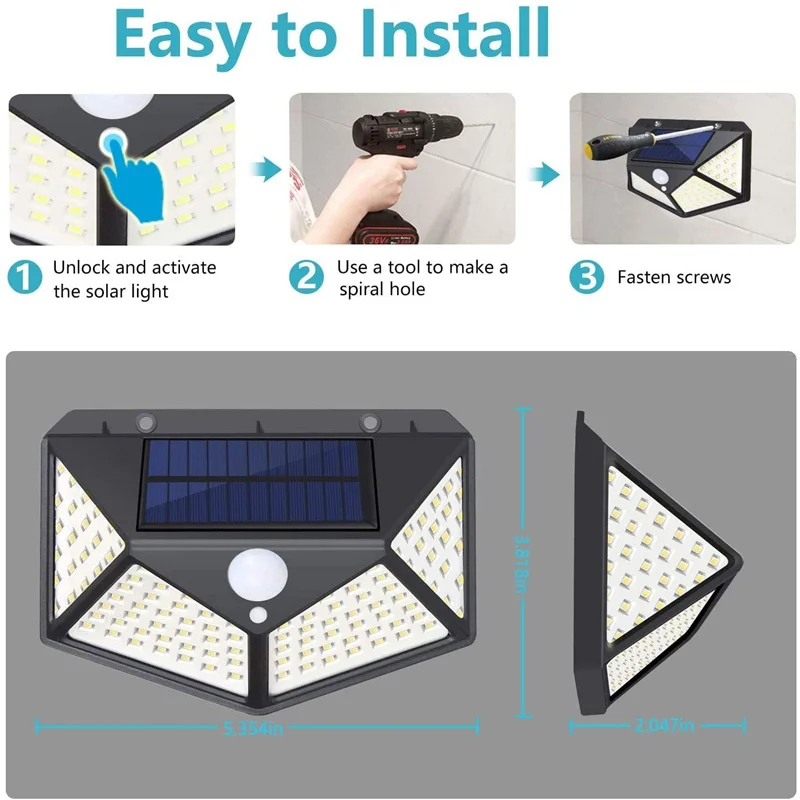 Lampada da parete solare a 100 LED Lampada da esterno con sensore di movimento PIR solare Lampione stradale solare impermeabile per la decorazione del percorso del giardino