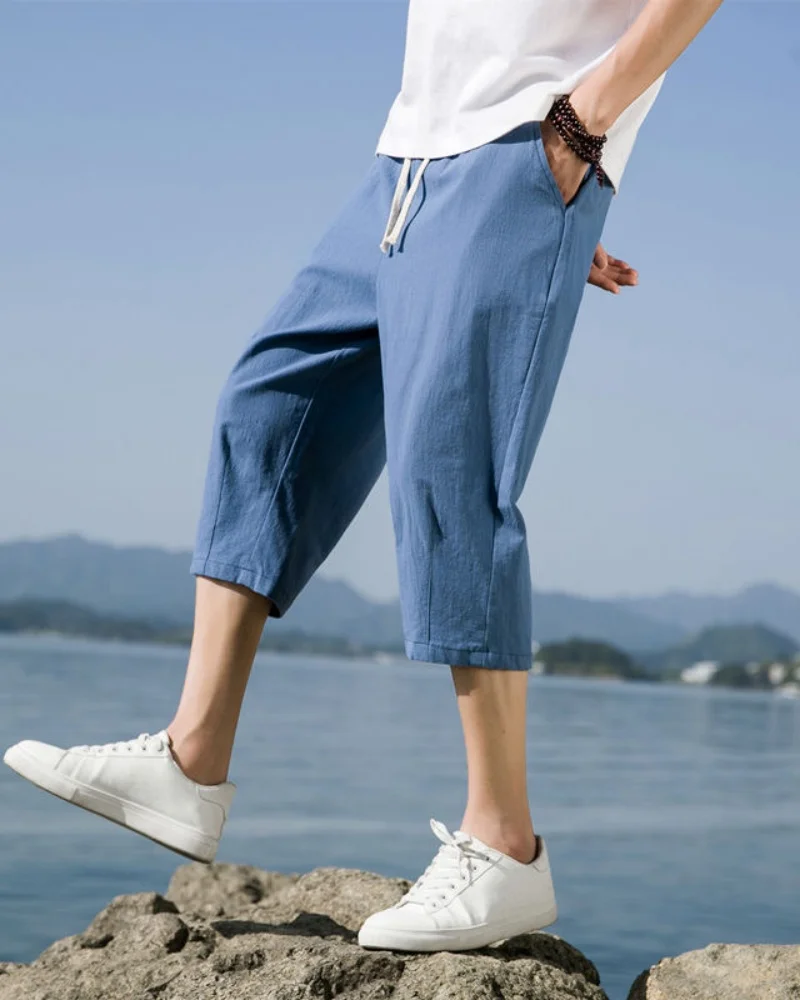 Novedad de verano, pantalones cortos deportivos informales de 5 piezas transpirables de lino y algodón sueltos para hombre ZK72