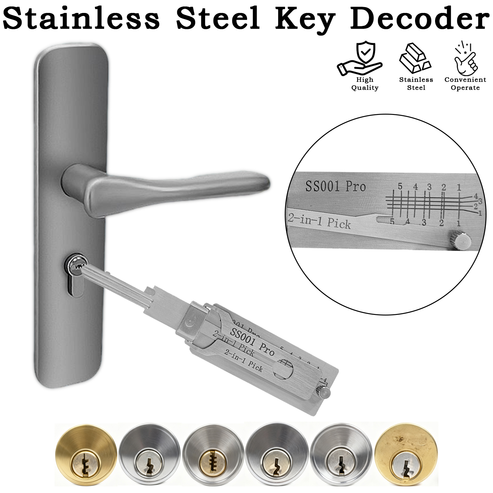 Key Decoder SS001Pro Stainless Steel Key Decoder SS001Pro 2-in-1 Portable Locksmith Tool O-ring Pickup Repair Kit Key Pickup Kit